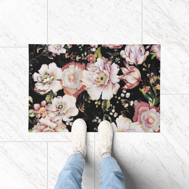 bohemian french country chic black floral doormat (Indoor)