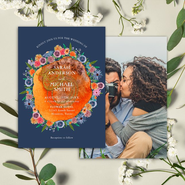 Bohemian Garden Blue Boho Wildflower Photo Wedding Invitation (Front/Back)