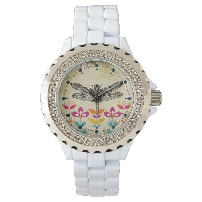 Bohemian Garden Dragonfly Rhinestone Enamel Watch (Front)