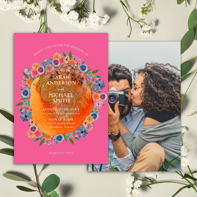Bohemian Garden Pink Boho Wildflower Photo Wedding Invitation (Front/Back)