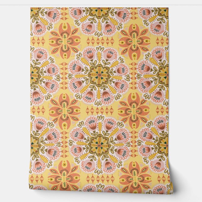 Bohemian Geometric Floral Pattern Wallpaper (Unrolling)