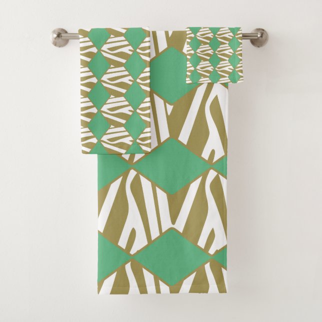 Bohemian geometrical white, beige & turquoise bath towel set (Insitu)
