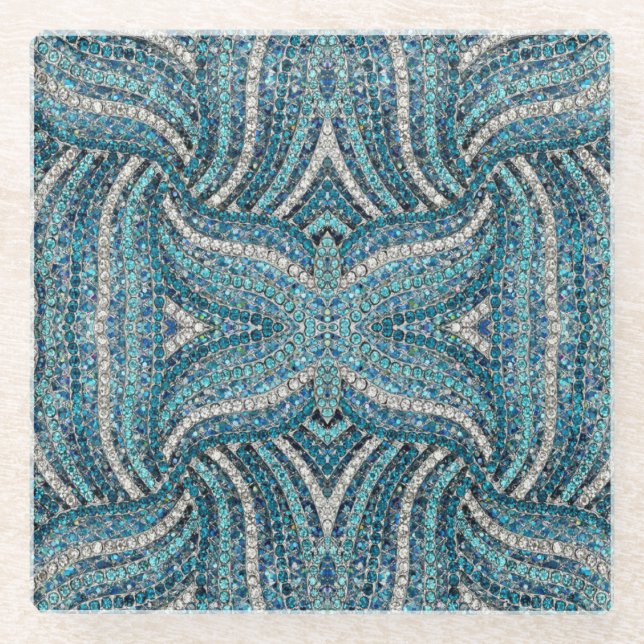 bohemian girly chic silver grey turquoise blue glass coaster (Front)