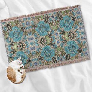 bohemian girly chic silver turquoise blue flower throw blanket