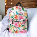 Bohemian girly pink orange floral watercolor printed backpack<br><div class="desc">Bohemian girly pink orange hand painted floral watercolor blooms pattern backpack with pretty bright pink roses ,  orange wild flowers and with greenery and a modern brush script typography.</div>