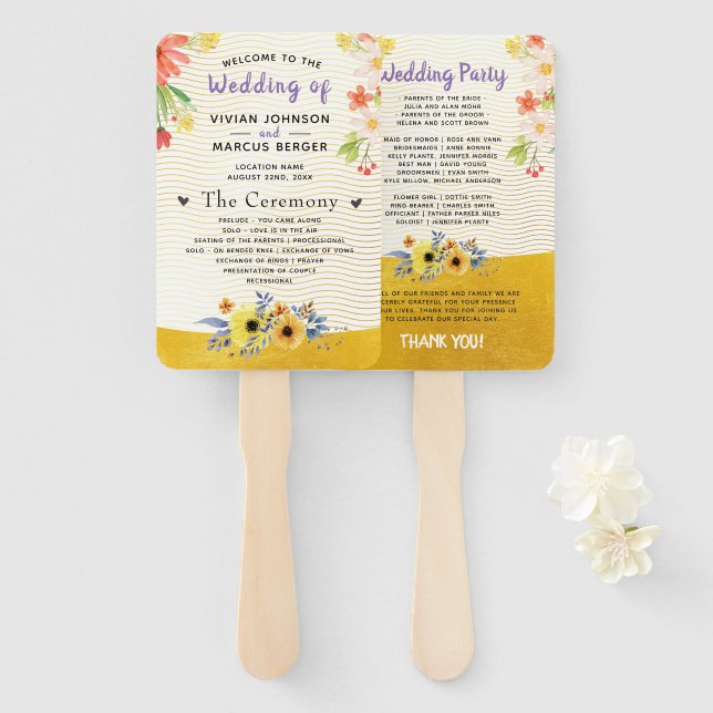 Bohemian Gold Floral Wedding Program Hand Fan (Front and Back)