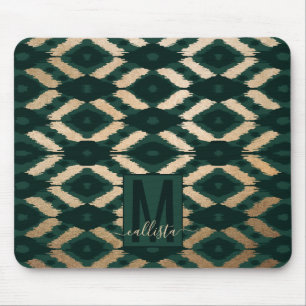 Bohemian Gold Forest Green Ikat Pattern Mouse Pad