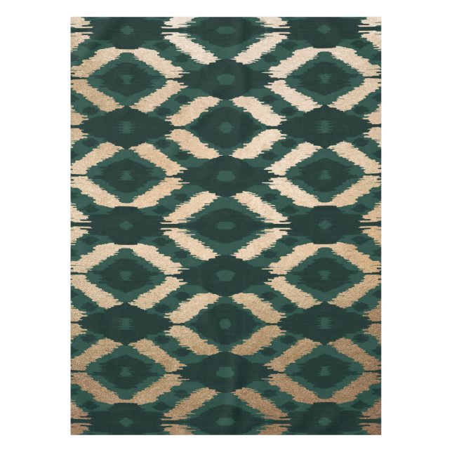 Bohemian Gold Forest Green Ikat Pattern Tablecloth (Front)