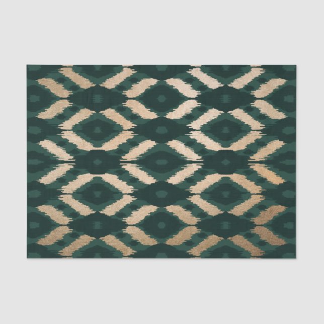 Bohemian Gold Forest Green Ikat Pattern Tissue Paper (Front)