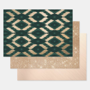 Bohemian Gold Forest Green Ikat Pattern Wrapping Paper Sheet