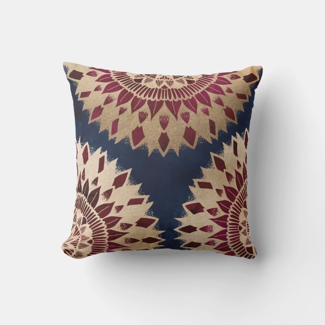 Bohemian Gold Navy Burgundy Hand Drawn Mandala Outdoor Pillow (Front)
