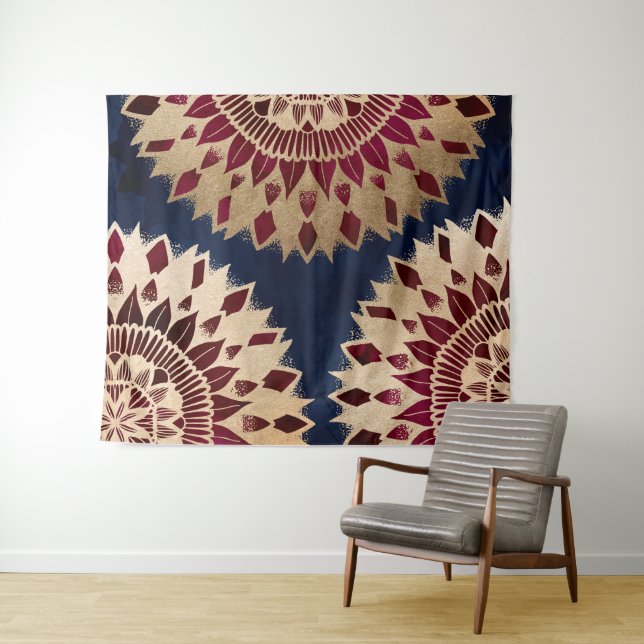 Bohemian Gold Navy Burgundy Hand Drawn Mandala Tapestry (In Situ (Horizontal))
