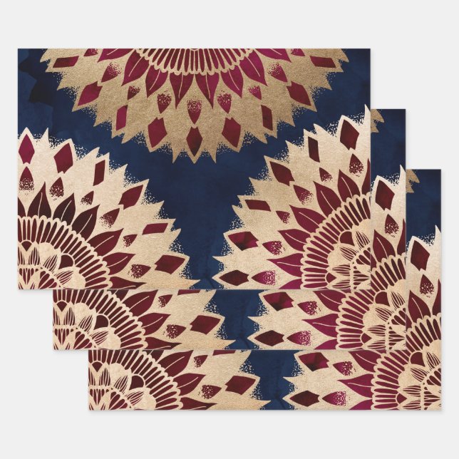 Bohemian Gold Navy Burgundy Hand Drawn Mandala Wrapping Paper Sheet (Set)