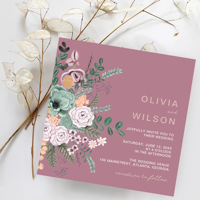 Bohemian Green & Mauve Chic Floral Flowers Invitation (Creator Uploaded)