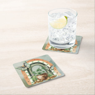 Bohemian Green Watercolor Rainbow Illustration Square Paper Coaster