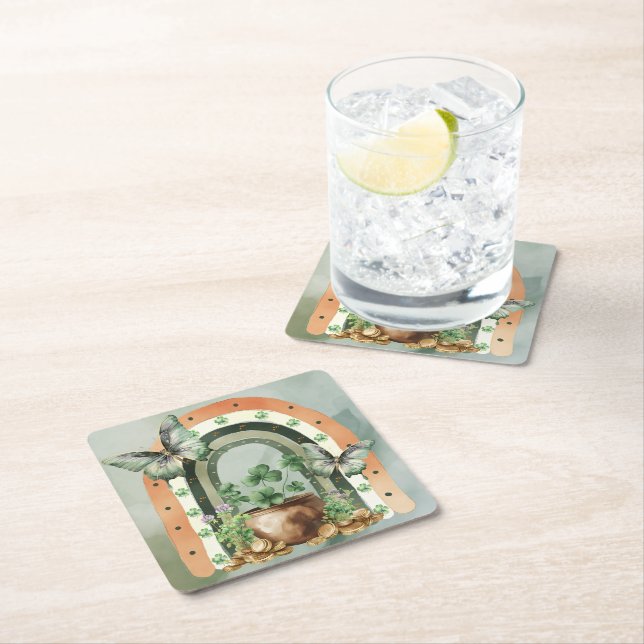 Bohemian Green Watercolor Rainbow Illustration Square Paper Coaster (Insitu)