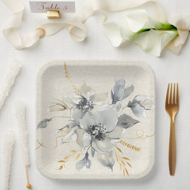 Bohemian Grey Floral Paper Plate  (Wedding)