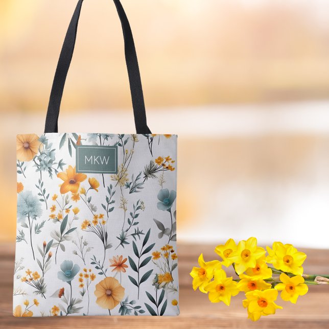 Bohemian Grey, Sage & Gold Floral Monogram Tote Bag (Creator Uploaded)