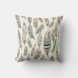 Bohemian Hand Drawn Feathers Throw Pillow