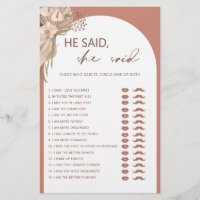 Bohemian he said she said bridal shower game flyer