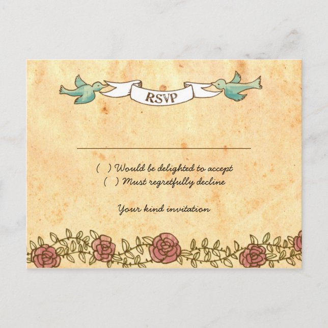 Bohemian Heart, Roses, Birds, & Banner Wedding Invitation Postcard (Front)