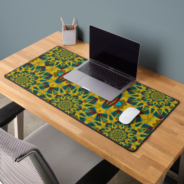   Bohemian Hippie Blue Yellow Floral Ethnic Tribal Desk Mat (Office 2)