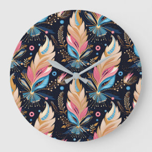 Bohemian Hippie Chic Abstract Colorful Feather Art Large Clock