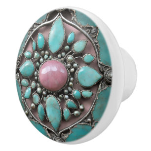 Bohemian Jewel Art in Pink, Aqua, and Silver  Ceramic Knob