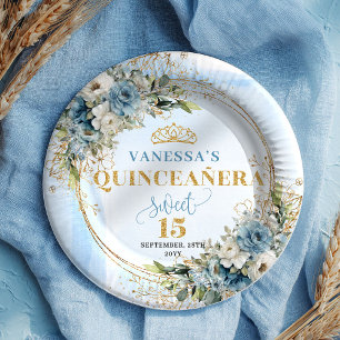Bohemian Light Blue Floral Greenery Gold Glitter  Paper Plate