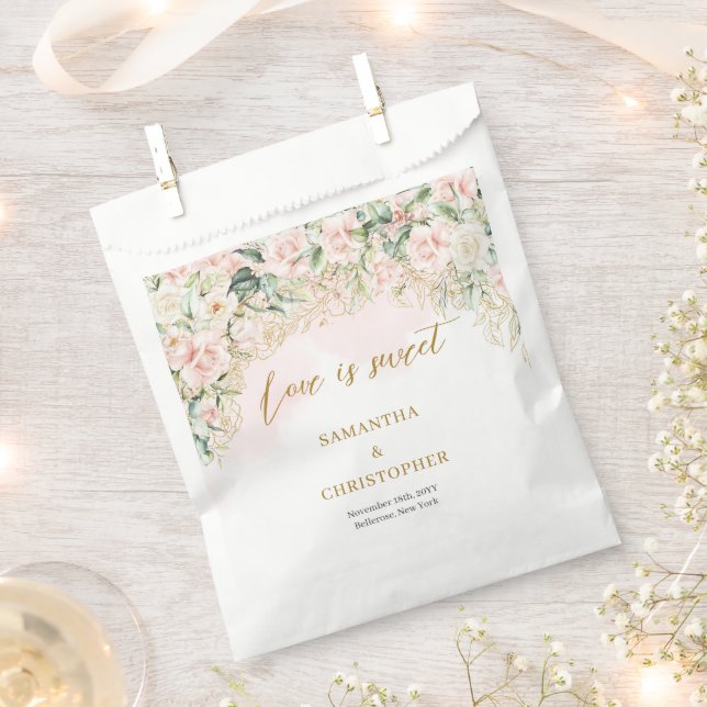 Bohemian light pink roses eucalyptus gold wedding favour bag (Clipped)