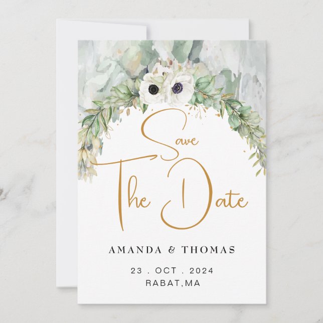 Bohemian Lush Greenery Arch Summer Garden gold Save The Date (Front)