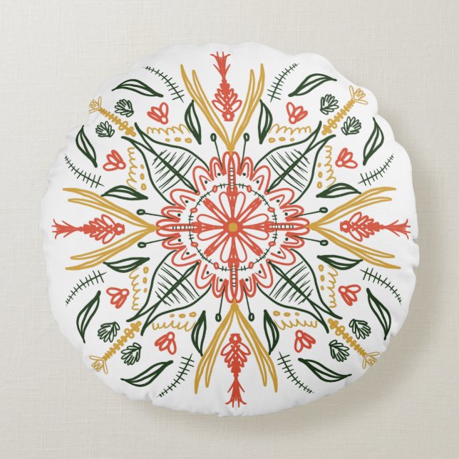 Bohemian Mandala Colourful Botanical Greenery Round Pillow (Front)