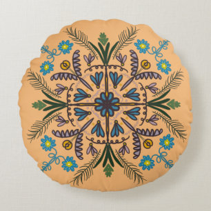 Bohemian Mandala Colourful Botanical Orange Round Pillow