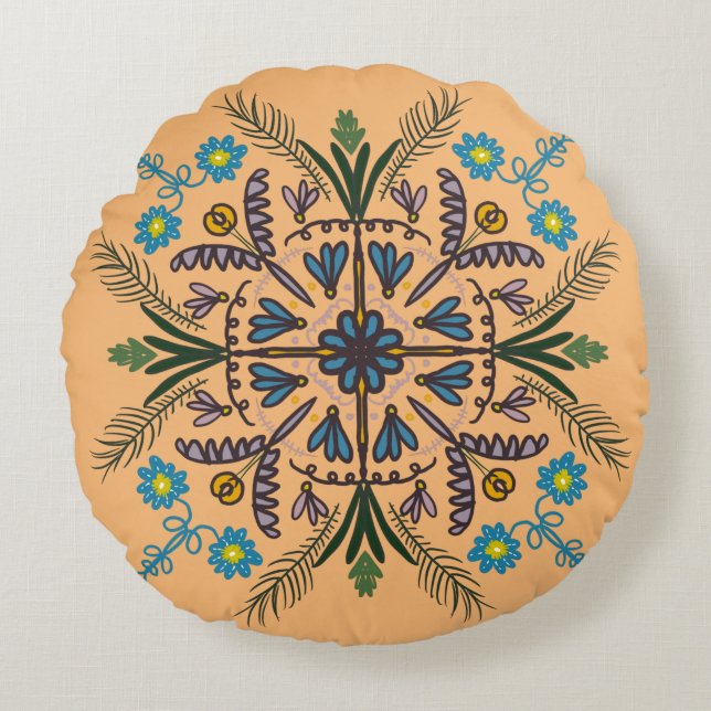 Bohemian Mandala Colourful Botanical Orange Round Pillow (Front)