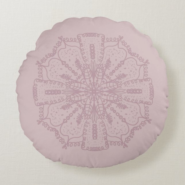 Bohemian Mandala Hand Drawn Mute Pink Round Pillow (Front)