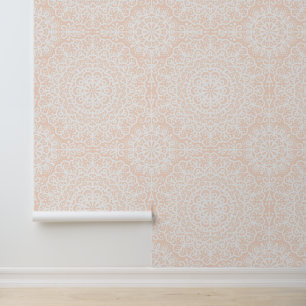 Bohemian Mandala White Lace on Soft Coral Pink Wallpaper