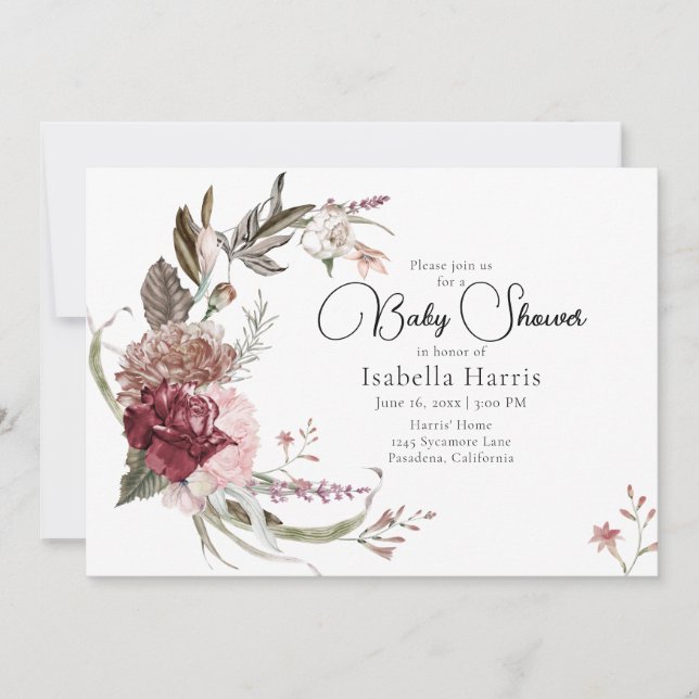 Bohemian Maroon and Pink Floral Baby Shower  Invit Invitation (Front)