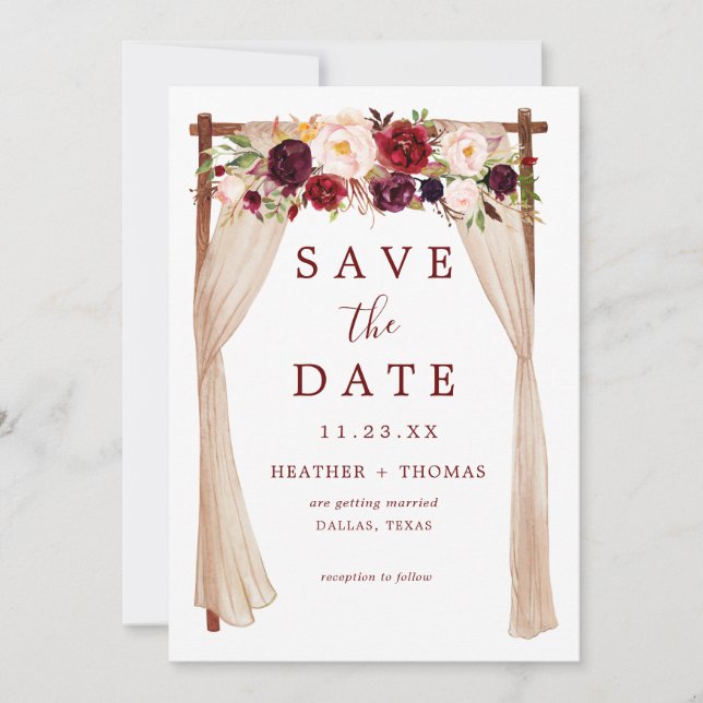 Bohemian Marsala Burgundy Floral Arch Save The Date (Front)