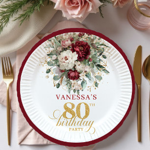 Bohemian Marsala Floral Gold 80th Birthday Paper Plate