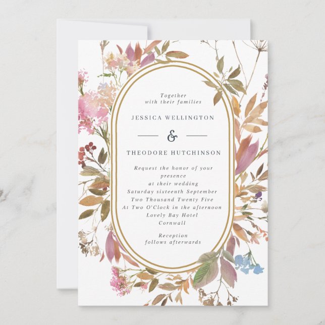 Bohemian Mauve Wildflower Pill Shape Frame Wedding Invitation (Front)