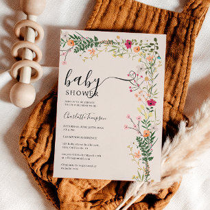 Bohemian meadow wild flowers spring baby shower invitation