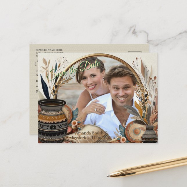 Bohemian mix of colours and decor theme announcement postcard (Front/Back In Situ)