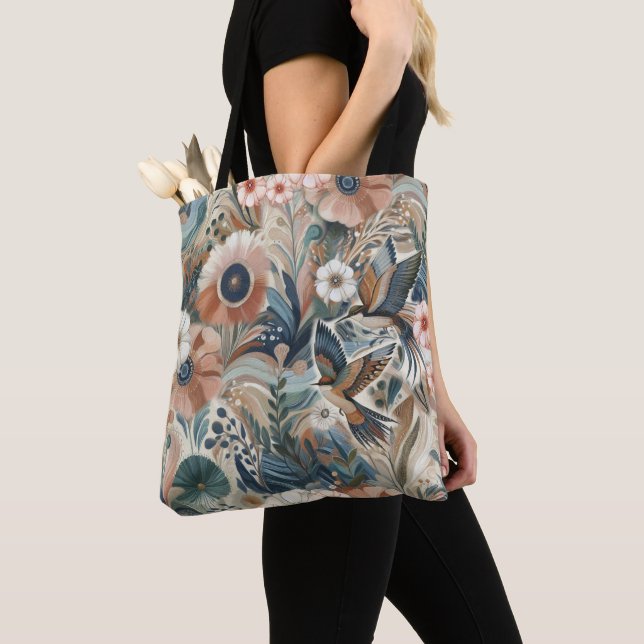 Bohemian mix of colours and flower theme tote bag (Close Up)