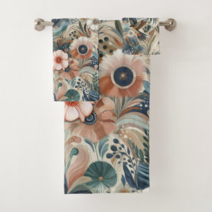 Bohemian mix of teal, magenta,purple flowers bath towel set