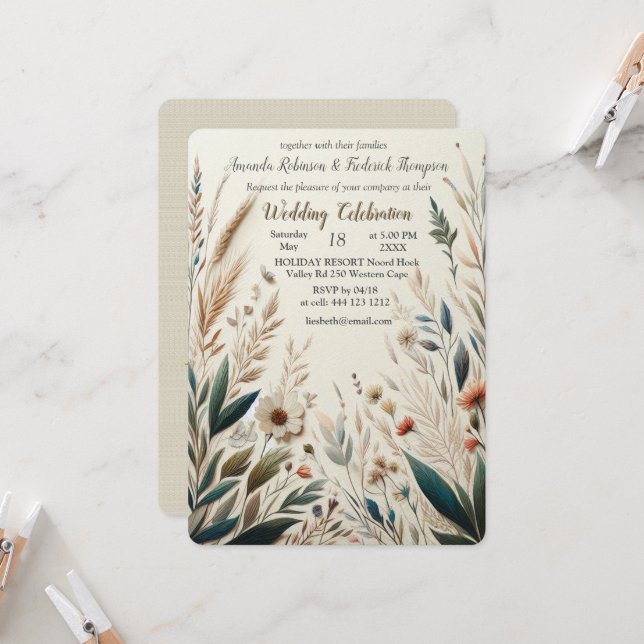 Bohemian mix of teal, magenta,purple flowers invitation (Front/Back In Situ)