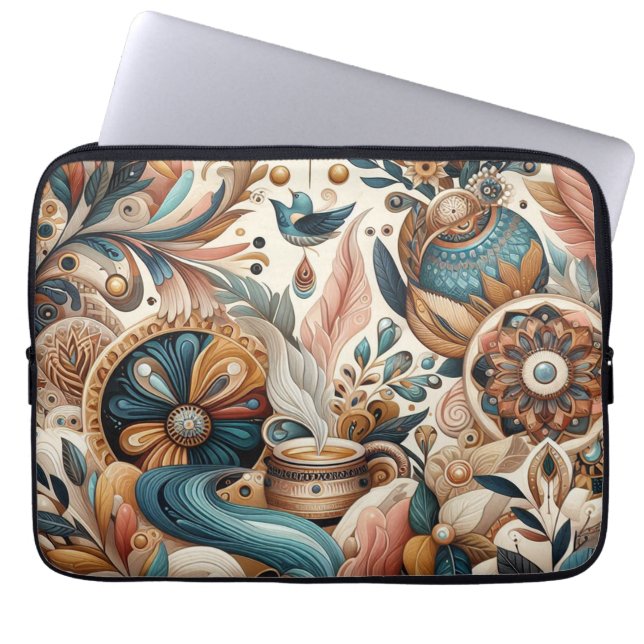 Bohemian mix of teal, magenta,purple flowers laptop sleeve (Front)