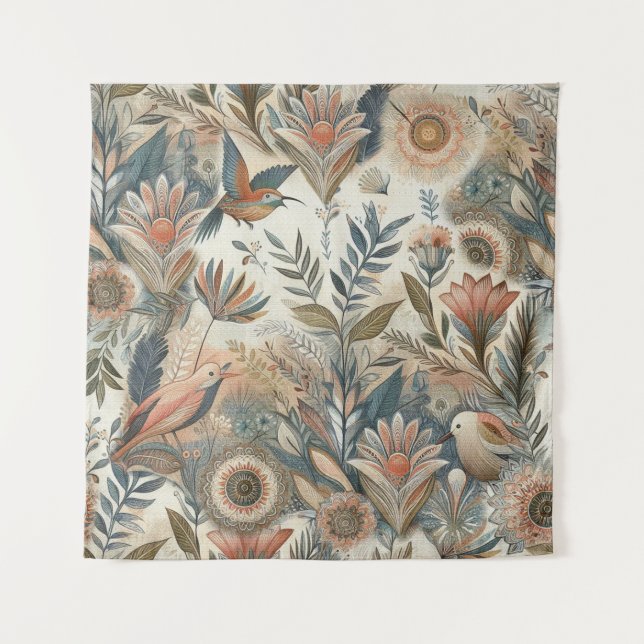 Bohemian mix of teal, magenta,purple flowers tapestry (Front)