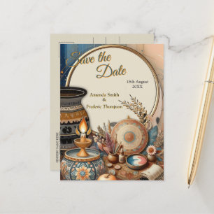 Bohemian mix of teal, magenta, purple on creams announcement postcard