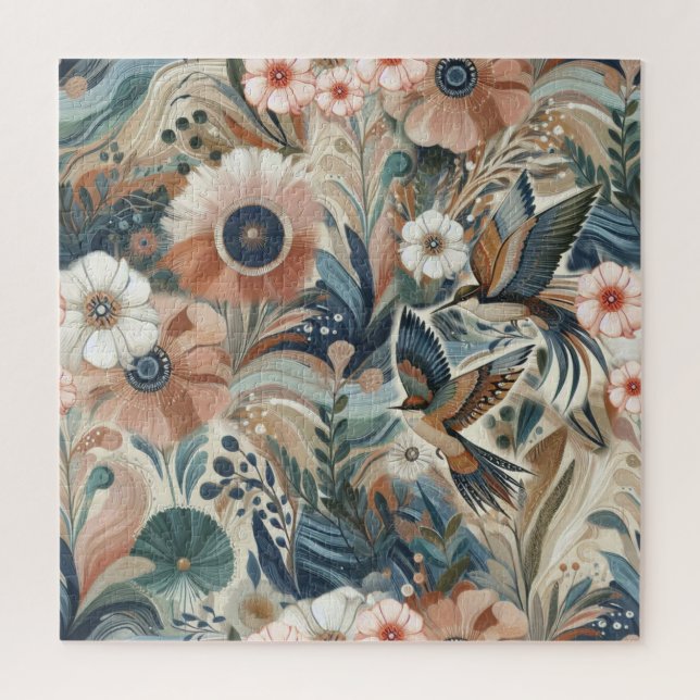 Bohemian mix of teal, magenta, purple on creams jigsaw puzzle (Vertical)