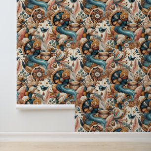 Bohemian mix of teal, magenta, purple on creams wallpaper